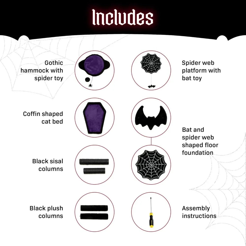 Gothic Cat Tree with Coffin Cat Bed, Hammock, Spider & Bat Goth Cat Toys