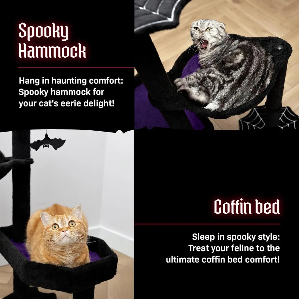 Gothic Cat Tree with Coffin Cat Bed, Hammock, Spider & Bat Goth Cat Toys