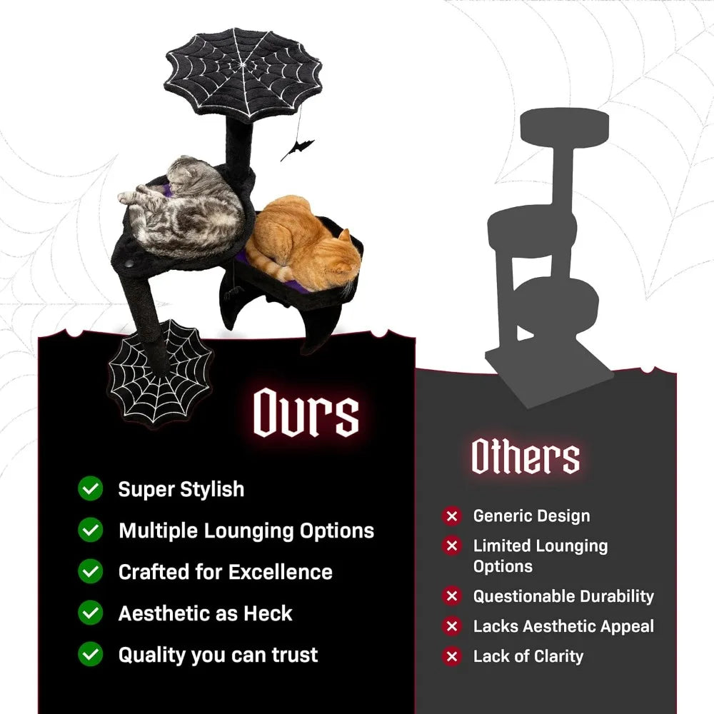 Gothic Cat Tree with Coffin Cat Bed, Hammock, Spider & Bat Goth Cat Toys