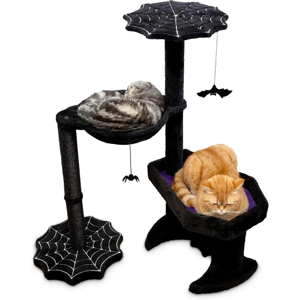 Gothic Cat Tree with Coffin Cat Bed, Hammock, Spider & Bat Goth Cat Toys